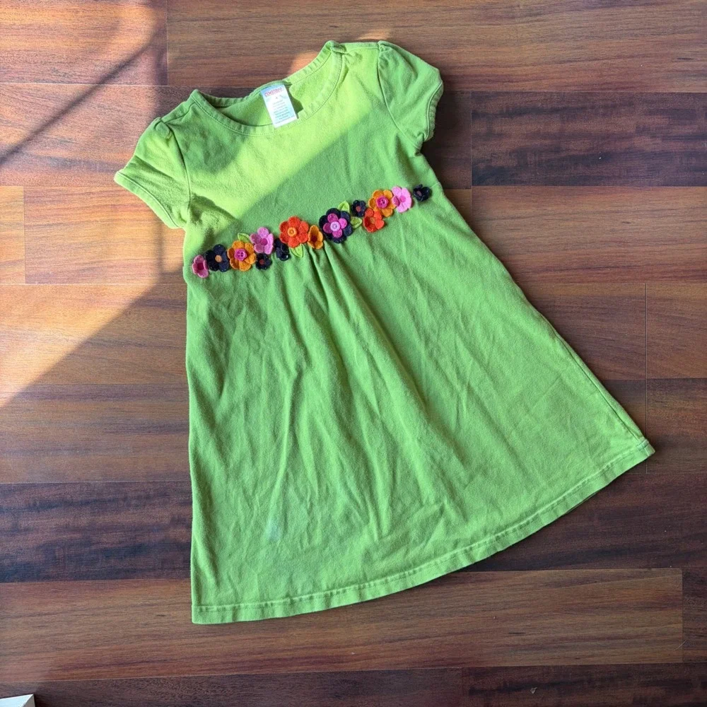 Gymboree Girls Lime Green Felt‎ Flower Applique Cotton Dress Size 4 2008 Retro